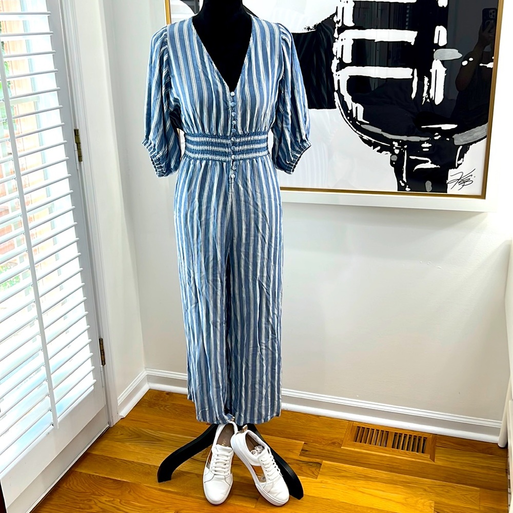 En Crème Blue and White Striped Jumpsuit, Size M